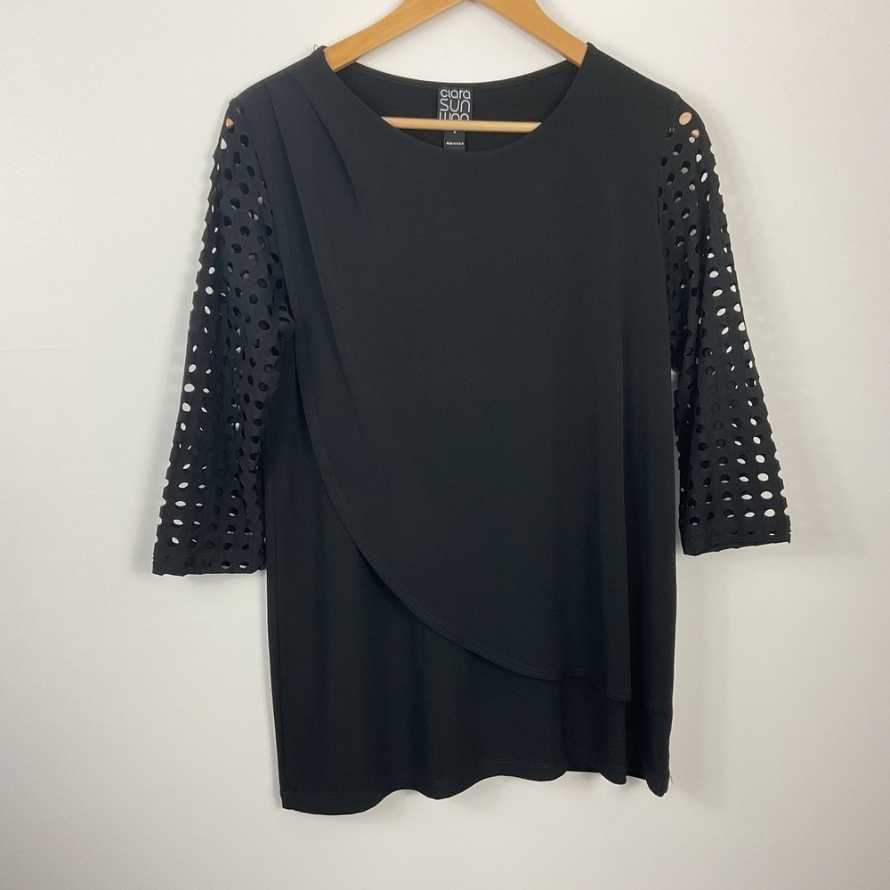 Clara Sun Woo Black Tunic Top 3/4 Sleeve Cutout Detail Drape Front Women's Small